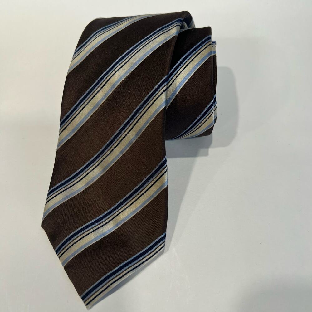 Luigi Borrelli Napoli Silk Neck Tie Made in Italy Brown & Baby Blue Stripes JP